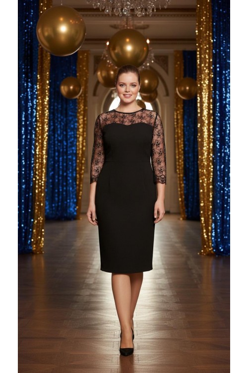 Nidya Moda Büyük Beden Kadın Siyah Roba Kol Mine Dantelli Krep  Abiye Elbise-4063S