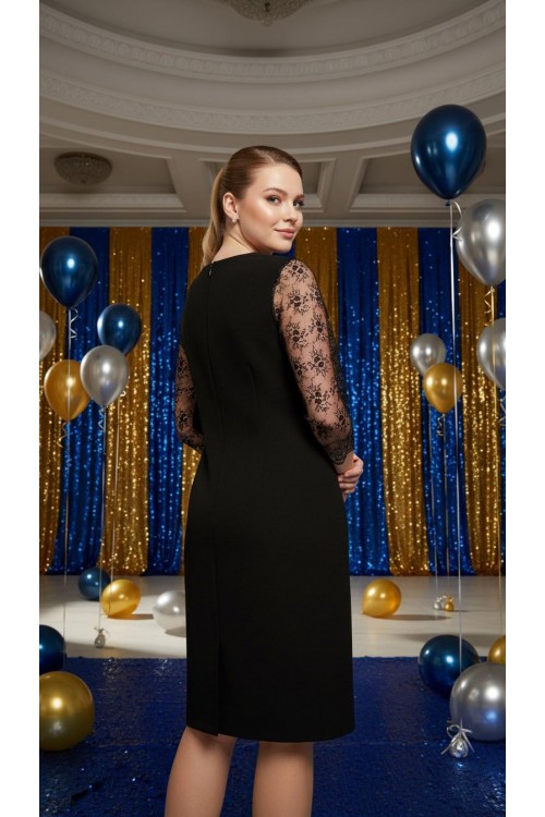 Nidya Moda Büyük Beden Kadın Siyah Roba Kol Mine Dantelli Krep  Abiye Elbise-4063S