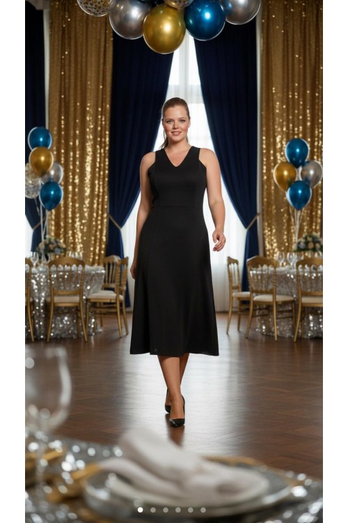 Nidya Moda Büyük Beden Kadın Lacivert Yüzücü Kesim Kol Örme Abiye Elbise-4064L