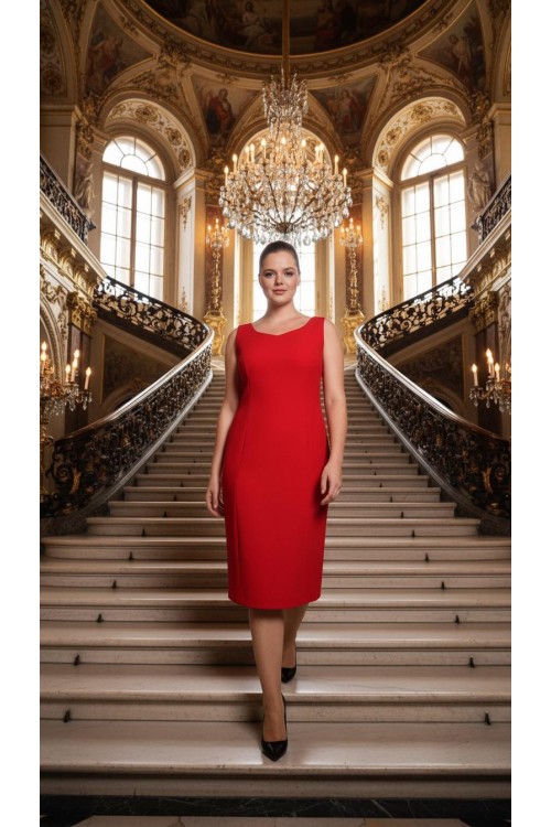 Nidya Moda Büyük Beden Kadın Kırmızı Dalga Yaka Krep Abiye Elbise-4065KK