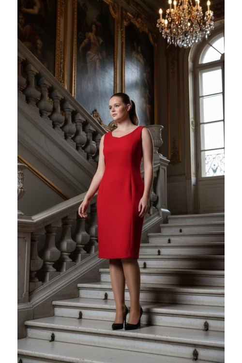 Nidya Moda Büyük Beden Kadın Kırmızı Dalga Yaka Krep Abiye Elbise-4065KK