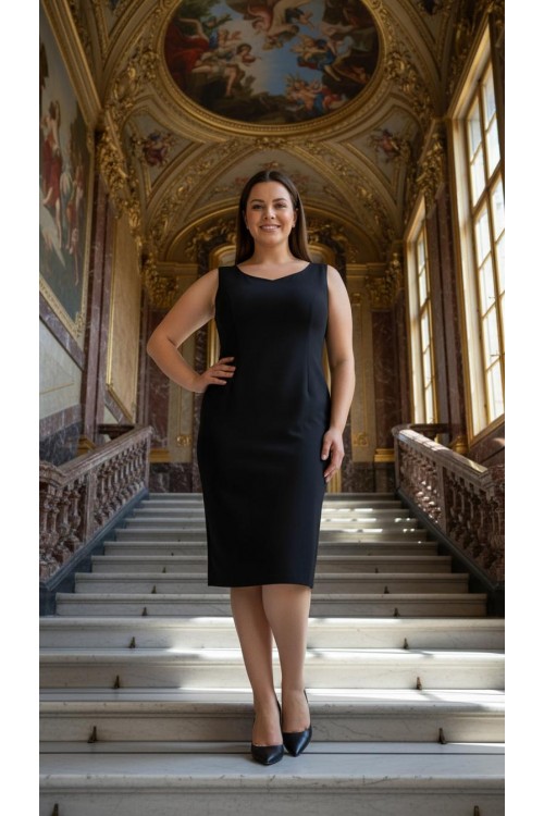 Nidya Moda Büyük Beden Kadın Lacivert Dalga Yaka Krep Abiye Elbise-4065KL