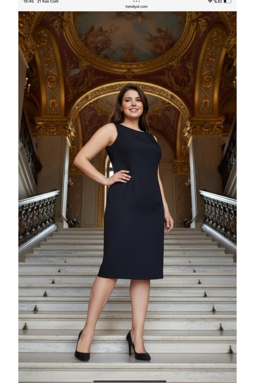 Nidya Moda Büyük Beden Kadın Lacivert Dalga Yaka Krep Abiye Elbise-4065KL