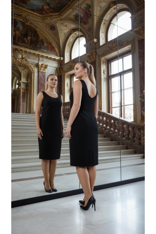 Nidya Moda Büyük Beden Kadın Siyah Dalga Yaka Krep Abiye Elbise-4065KS