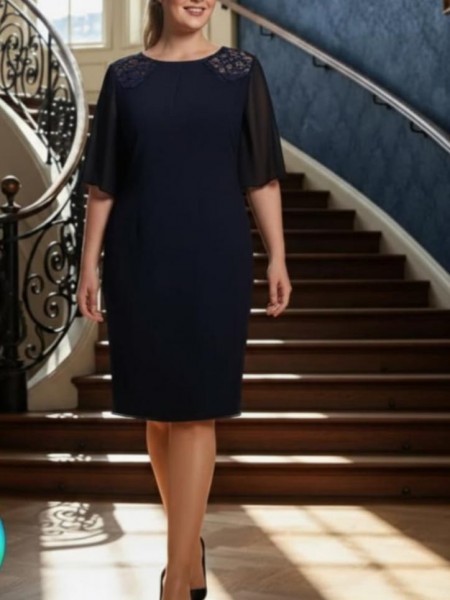 Nidya Moda Büyük Beden Kadın Lacivert Omuz Dantel Şifon Kol Taş İşli Yaka Krep Abiye Elbise-4066L