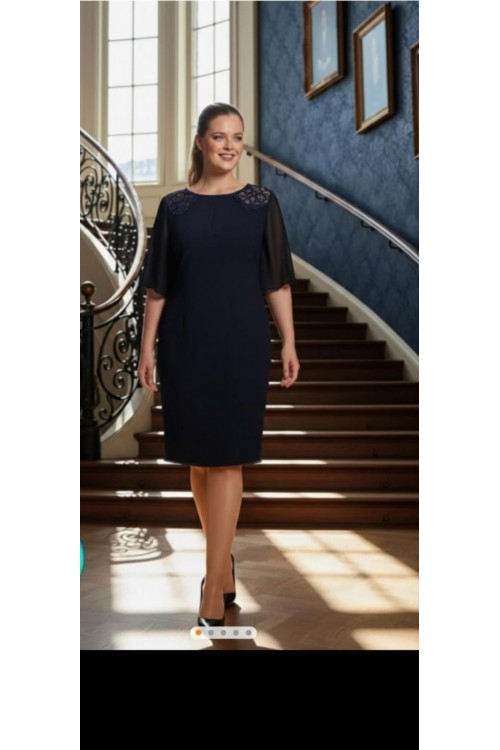 Nidya Moda Büyük Beden Kadın Lacivert Omuz Dantel Şifon Kol Taş İşli Yaka Krep Abiye Elbise-4066L