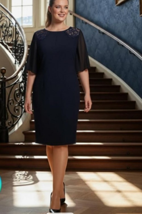 Nidya Moda Büyük Beden Kadın Lacivert Omuz Dantel Şifon Kol Taş İşli Yaka Krep Abiye Elbise-4066L