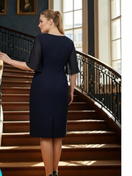 Nidya Moda Büyük Beden Kadın Lacivert Omuz Dantel Şifon Kol Taş İşli Yaka Krep Abiye Elbise-4066L