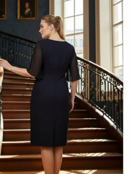 Nidya Moda Büyük Beden Kadın Lacivert Omuz Dantel Şifon Kol Taş İşli Yaka Krep Abiye Elbise-4066L