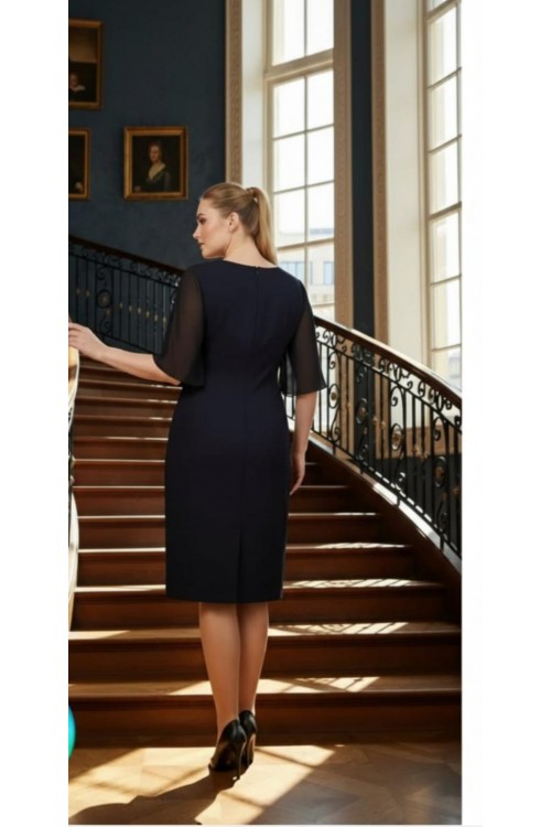 Nidya Moda Büyük Beden Kadın Lacivert Omuz Dantel Şifon Kol Taş İşli Yaka Krep Abiye Elbise-4066L