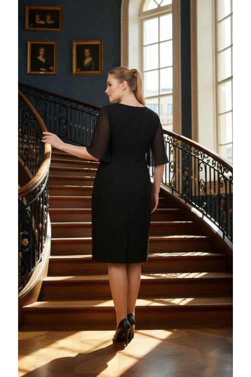 Nidya Moda Büyük Beden kadın Siyah Şifon Kol Omuz Dantel Taşlı Krep  Abiye Elbise-4066S