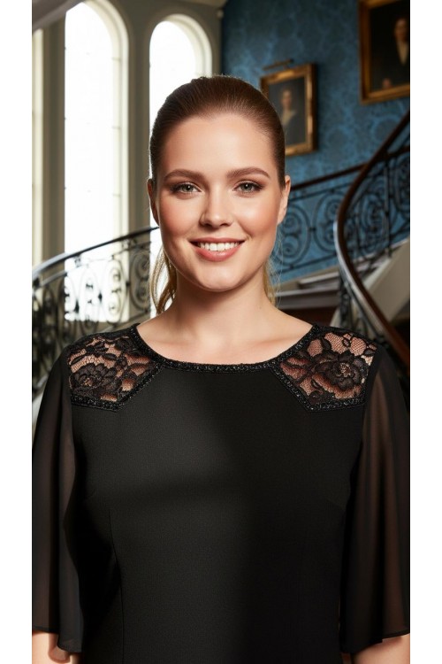 Nidya Moda Büyük Beden kadın Siyah Şifon Kol Omuz Dantel Taşlı Krep  Abiye Elbise-4066S