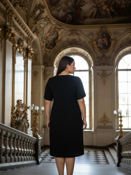 Nidya Moda Büyük Beden kadın Siyah Kol ve Yaka Ayraç Kesim Krep  Abiye  Elbise-4067S