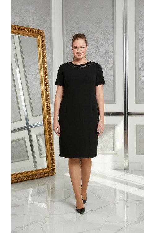 Nidya Moda Büyük Beden Kadın Siyah Sırt V Tül Kombin Taş İşli Krep Abiye Elbise-4068S