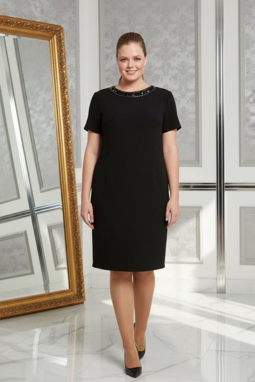 Nidya Moda Büyük Beden Kadın Siyah Sırt V Tül Kombin Taş İşli Krep Abiye Elbise-4068S