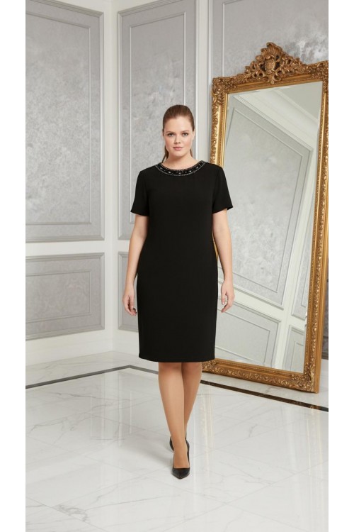 Nidya Moda Büyük Beden Kadın Siyah Sırt V Tül Kombin Taş İşli Krep Abiye Elbise-4068S