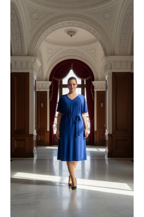 Nidya Moda Büyük Beden Kadın Saks Volan Kol V Yaka Kuşaklı Sandy  Elbise-4071SX