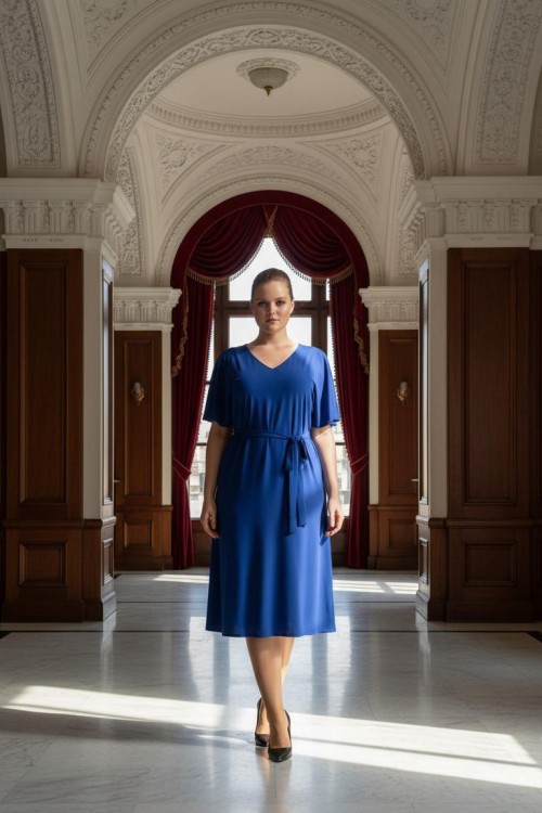 Nidya Moda Büyük Beden Kadın Saks Volan Kol V Yaka Kuşaklı Sandy  Elbise-4071SX