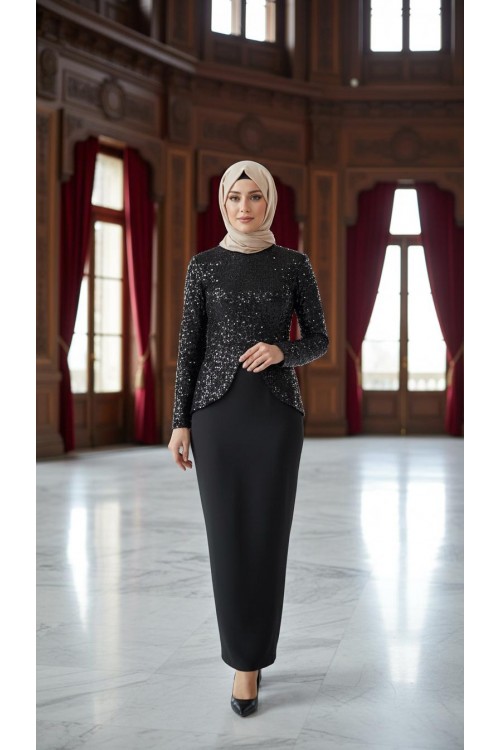 Nidya Moda Büyük Beden Tesettür Kadın Siyah Pullu Payet Peplum Abiye Tunik-5010TS