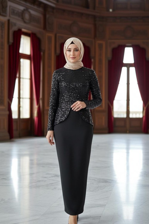 Nidya Moda Büyük Beden Tesettür Kadın Siyah Pullu Payet Peplum Abiye Tunik-5010TS