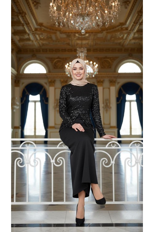Nidya Moda Büyük Beden Tesettür Kadın Siyah Pullu Payet Peplum Abiye Tunik-5010TS Nidya Moda Büyük Beden Tesettür Kadın Siyah Pullu Payet Peplum Abiye Tunik-5010TS