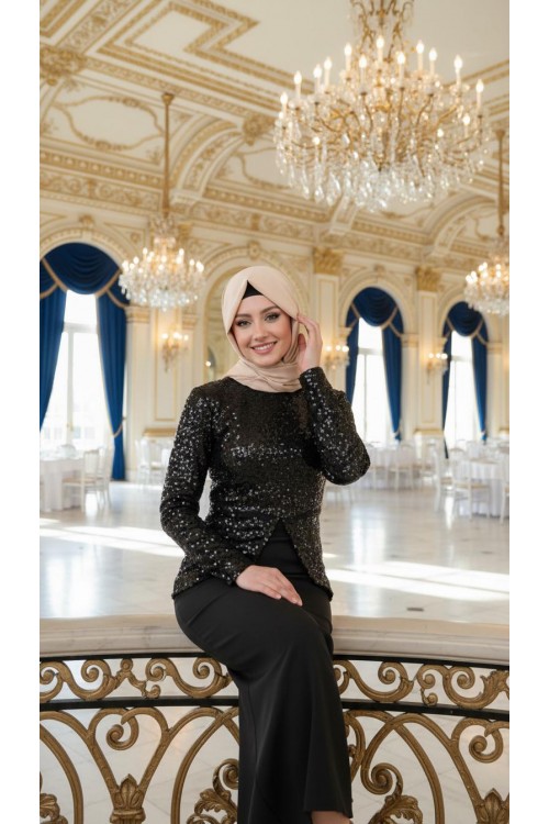 Nidya Moda Büyük Beden Tesettür Kadın Siyah Pullu Payet Peplum Abiye Tunik-5010TS
