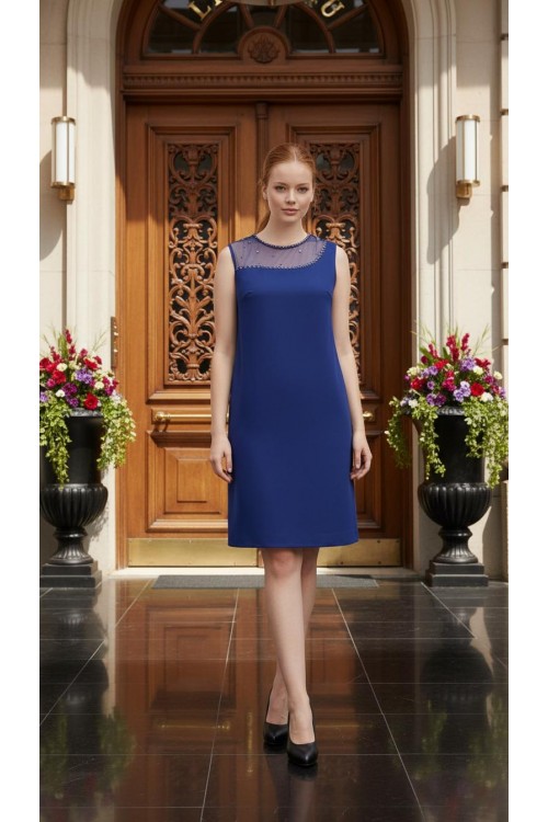 Nidya Moda Büyük Beden Kadın Saks Roba Tül Taş İşli Krep Abiye Elbise-4011ASX