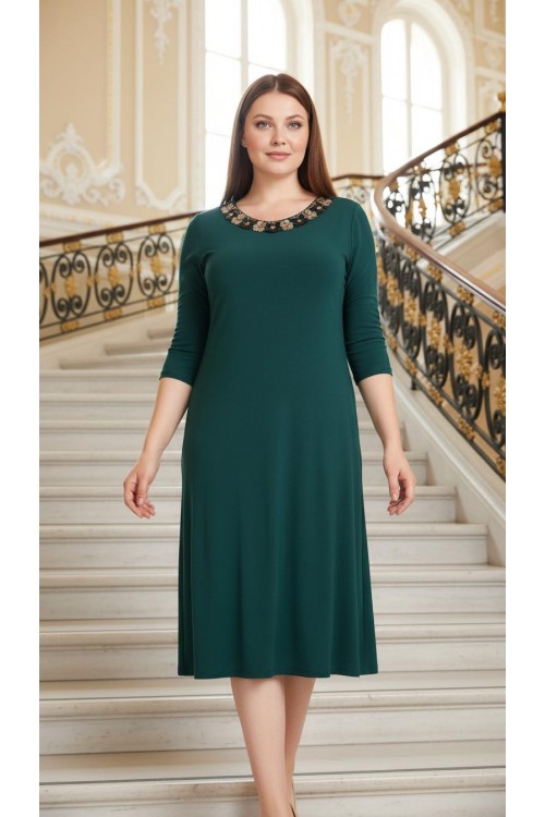 Nidya Moda Büyük Beden Kadın Yeşil Bahar Yaka  Sandy Abiye Elbise-4076Y