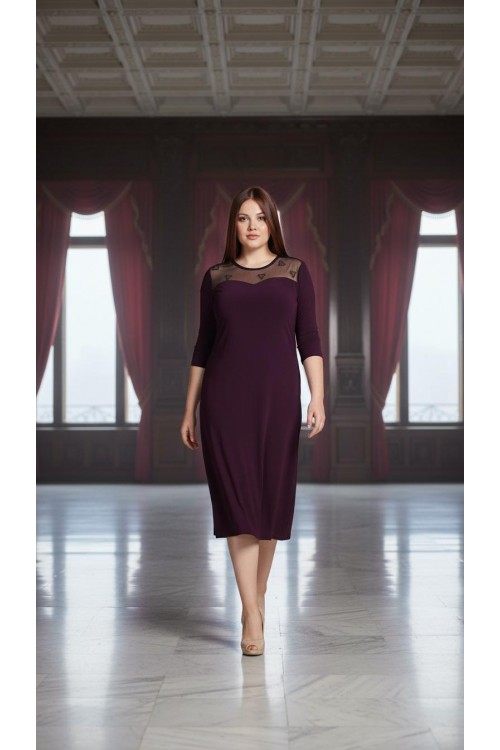 Nidya Moda Büyük Beden Kadın Mürdüm Roba Ayna Tül Kombin Sandy Abiye Elbise-4078AM