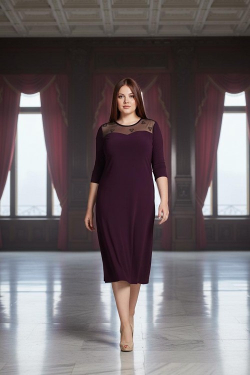 Nidya Moda Büyük Beden Kadın Mürdüm Roba Ayna Tül Kombin Sandy Abiye Elbise-4078AM