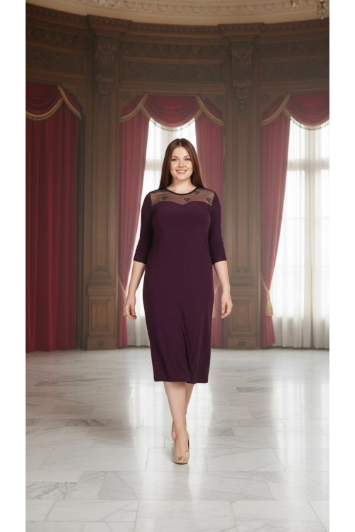 Nidya Moda Büyük Beden Kadın Mürdüm Roba Ayna Tül Kombin Sandy Abiye Elbise-4078AM