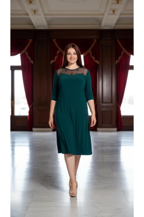 Nidya Moda Büyük Beden Kadın Petrol Roba Ayna Tül Kombin Sandy Abiye Elbise-4078AP