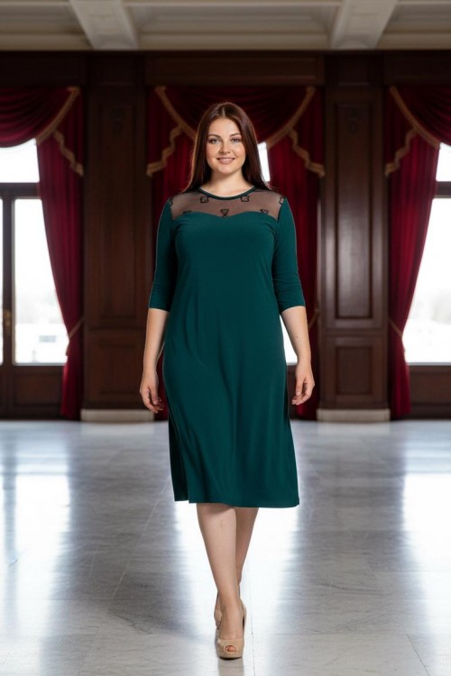 Nidya Moda Büyük Beden Kadın Petrol Roba Ayna Tül Kombin Sandy Abiye Elbise-4078AP