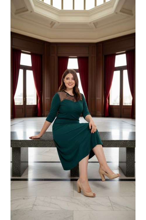 Nidya Moda Büyük Beden Kadın Petrol Roba Ayna Tül Kombin Sandy Abiye Elbise-4078AP