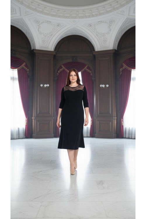 Nidya Moda Büyük Beden Kadın Siyah Roba Ayna Tül Kombinli Sandy Abiye Elbise-4078AS