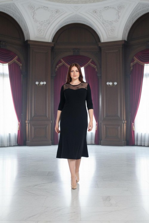 Nidya Moda Büyük Beden Kadın Siyah Roba Ayna Tül Kombinli Sandy Abiye Elbise-4078AS