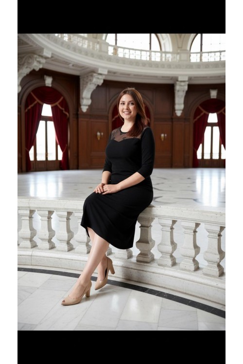 Nidya Moda Büyük Beden Kadın Siyah Roba Ayna Tül Kombinli Sandy Abiye Elbise-4078AS