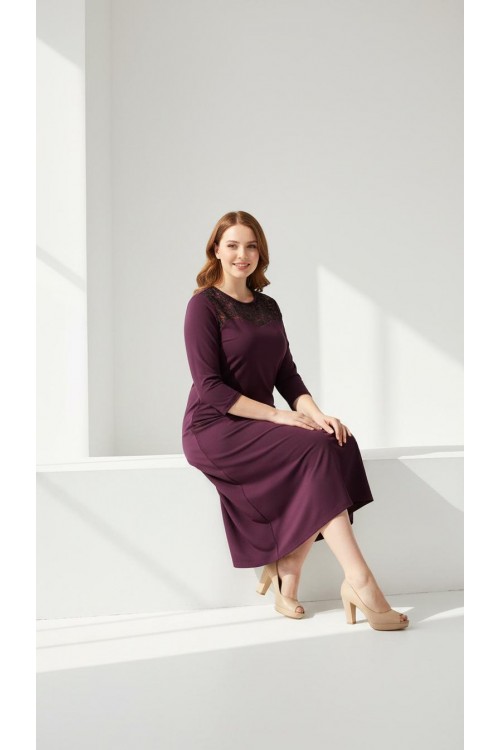Nidya Moda Büyük Beden Kadın Mürdüm Roba Manşet Dantel  Kombin Sandy Abiye Elbise-4078DM