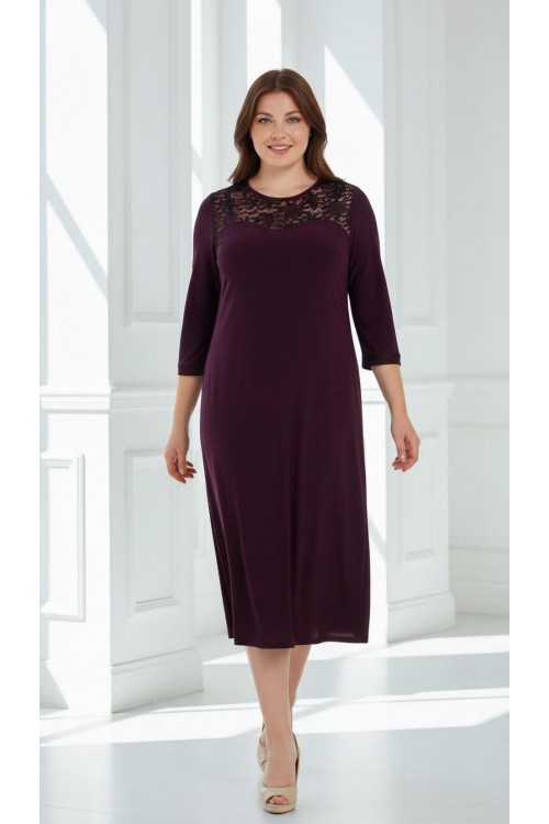 Nidya Moda Büyük Beden Kadın Mürdüm Roba Manşet Dantel  Kombin Sandy Abiye Elbise-4078DM