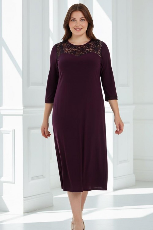 Nidya Moda Büyük Beden Kadın Mürdüm Roba Manşet Dantel  Kombin Sandy Abiye Elbise-4078DM