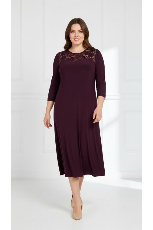 Nidya Moda Büyük Beden Kadın Mürdüm Roba Manşet Dantel  Kombin Sandy Abiye Elbise-4078DM