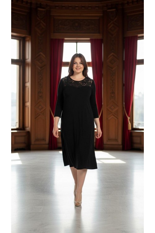 Nidya Moda Büyük Beden Kadın Siyah Roba Manşet Dantelli Sandy  Abiye Elbise-4078DS