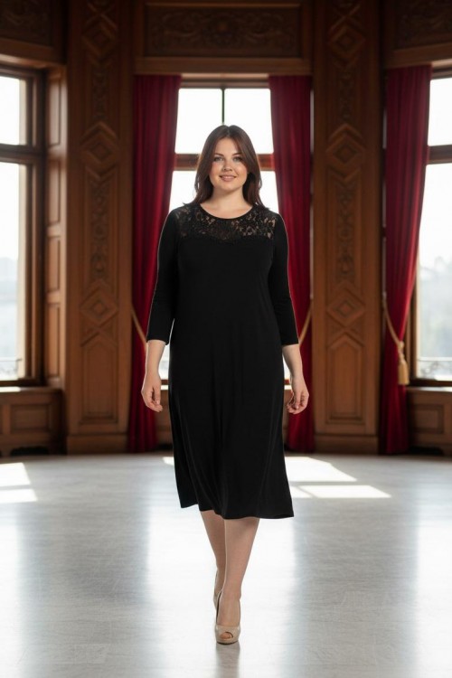 Nidya Moda Büyük Beden Kadın Siyah Roba Manşet Dantelli Sandy  Abiye Elbise-4078DS