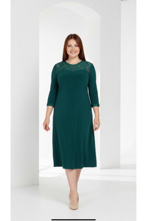 Nidya Moda Büyük Beden Kadın Yeşil  Roba Manşet Dantelli Sandy  Abiye Elbise-4078DY