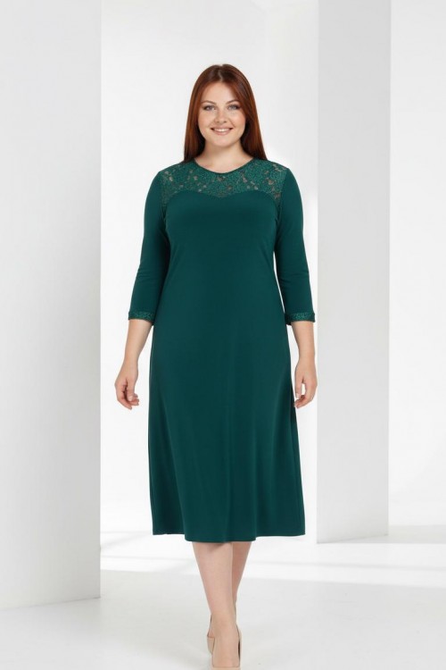 Nidya Moda Büyük Beden Kadın Yeşil  Roba Manşet Dantelli Sandy  Abiye Elbise-4078DY