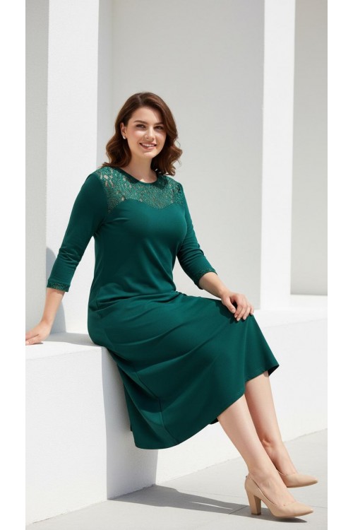 Nidya Moda Büyük Beden Kadın Yeşil  Roba Manşet Dantelli Sandy  Abiye Elbise-4078DY