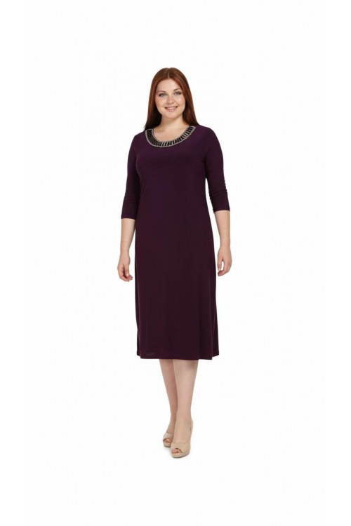 Nidya Moda Büyük Beden Kadın Mürdüm  Taşlı Ray Yaka Sandy Abiye  Elbise-4079M