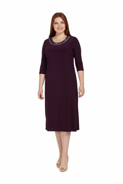 Nidya Moda Büyük Beden Kadın Mürdüm  Taşlı Ray Yaka Sandy Abiye  Elbise-4079M