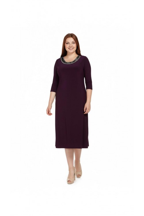 Nidya Moda Büyük Beden Kadın Mürdüm  Taşlı Ray Yaka Sandy Abiye  Elbise-4079M