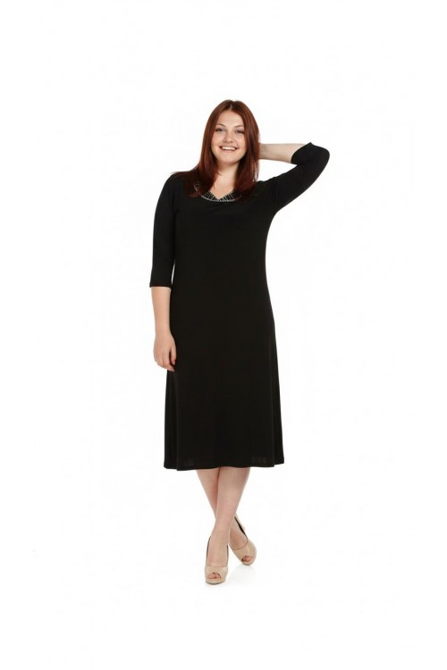 Nidya Moda Büyük Beden Kadın SiyahTaşlı Ray Yaka Sandy Abiye Elbise-4079S